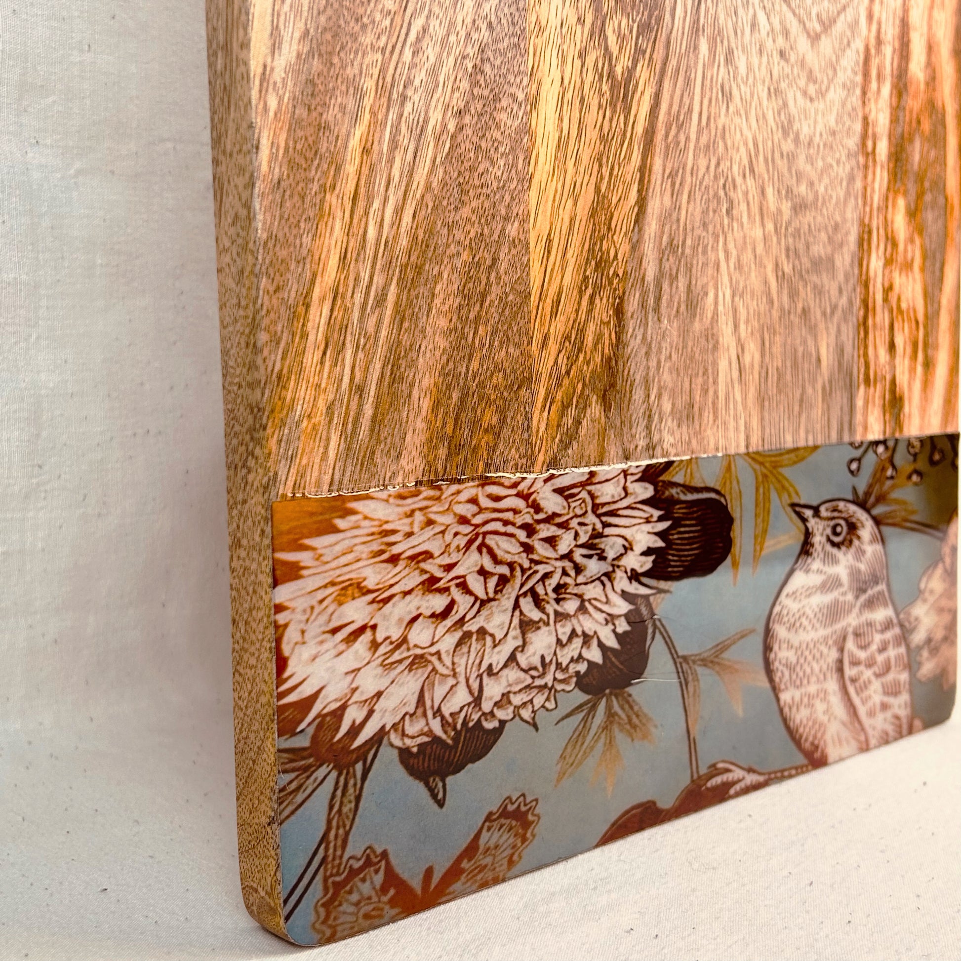 Close up of Mango Wood Cheese Board with handle. The Charcuterie Board has a nature, bird and flowers print at the bottom of the board.