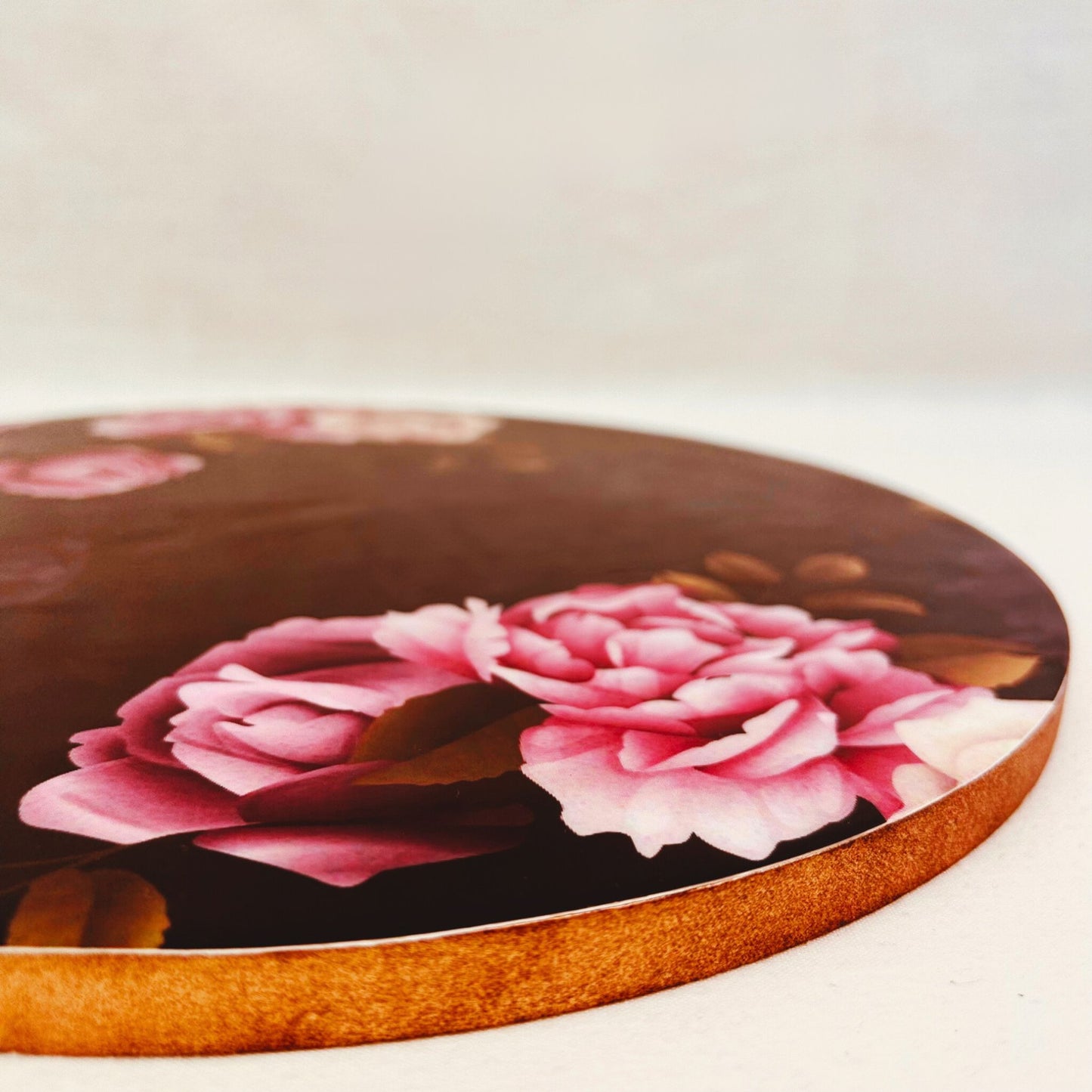 Close up of an English Roses printed Decorative Tray or Placemat placed on a white backdrop.