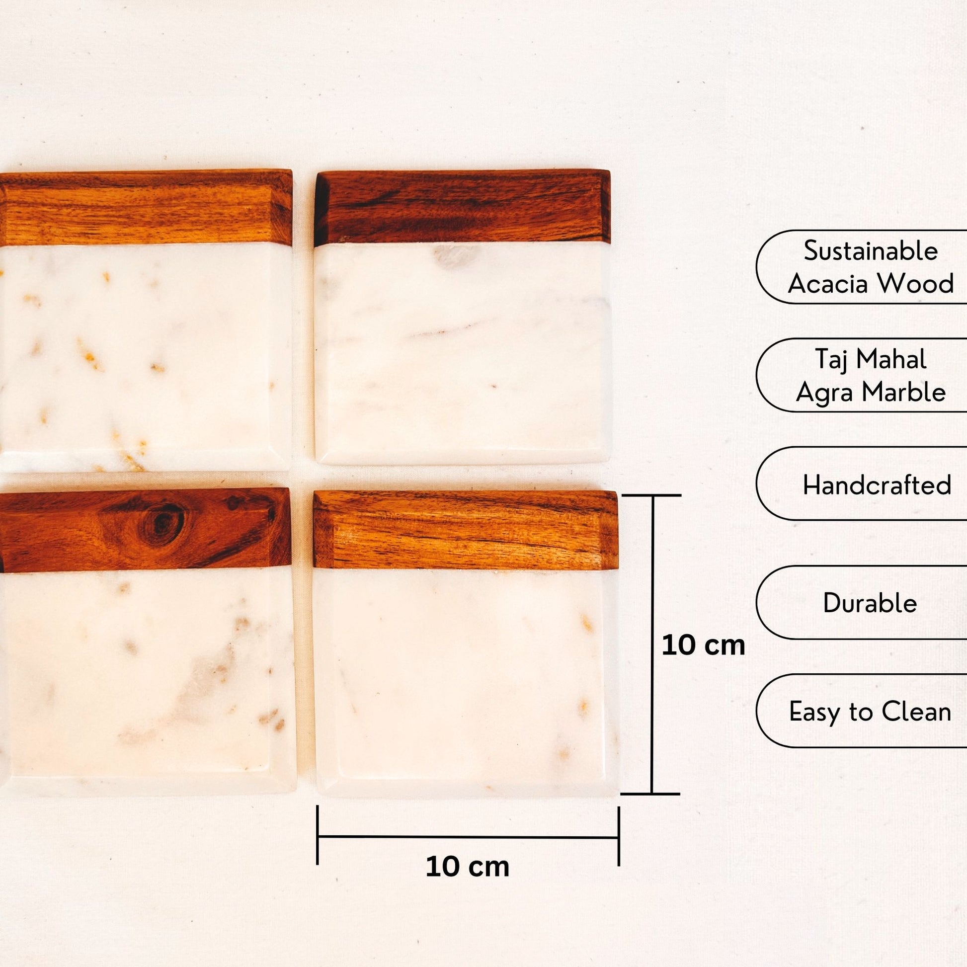 A set of 4 Acacia and Marble Drink Coasters with its USP and product dimensions written.