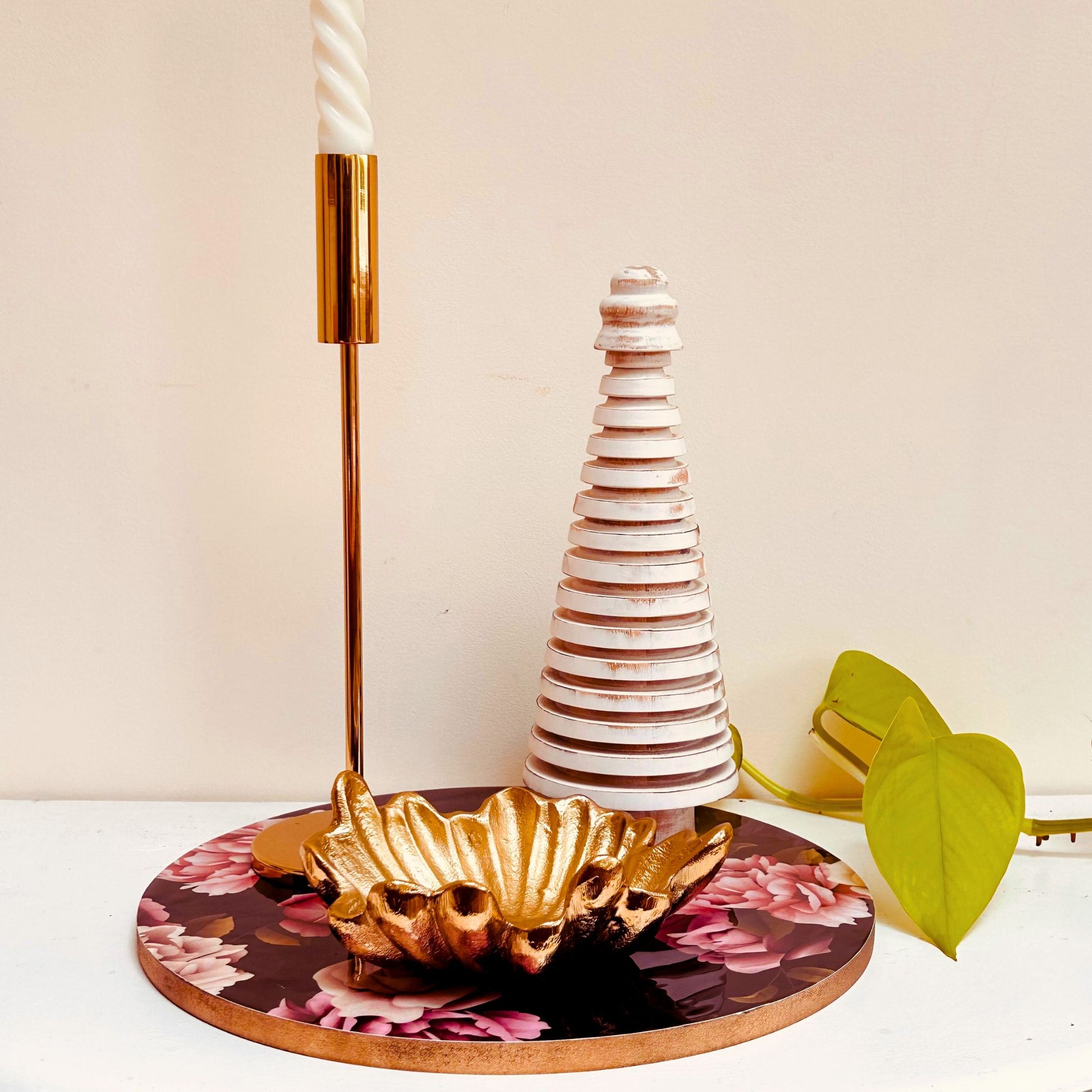 English roses printed Decorative Tray with a wooden tree, candle and trinket dish placed on top of it.