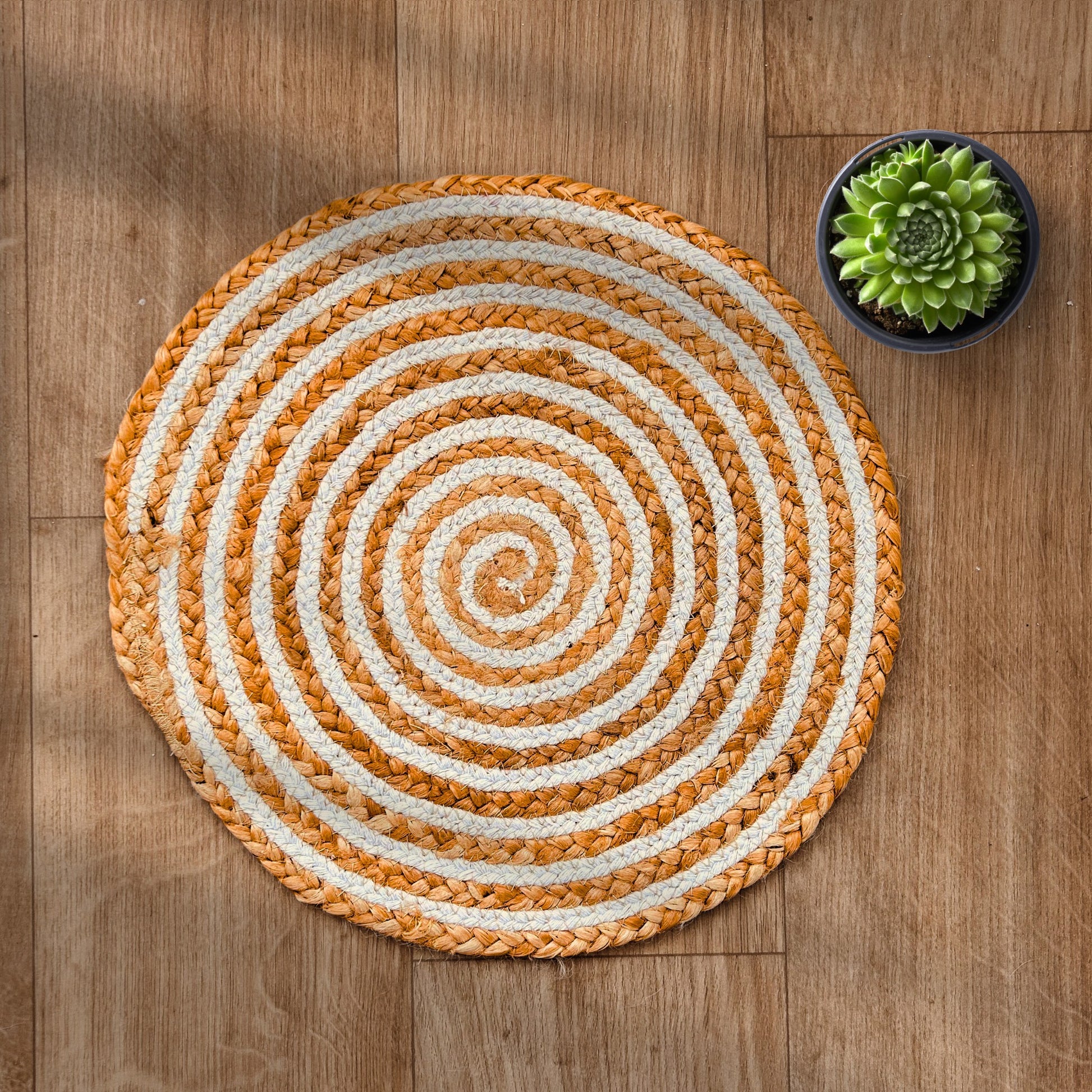 100% Natural Round Jute and Cotton Braided Placemat in brown and white stripes. It is kept on a wooden base with a succulent next to it.