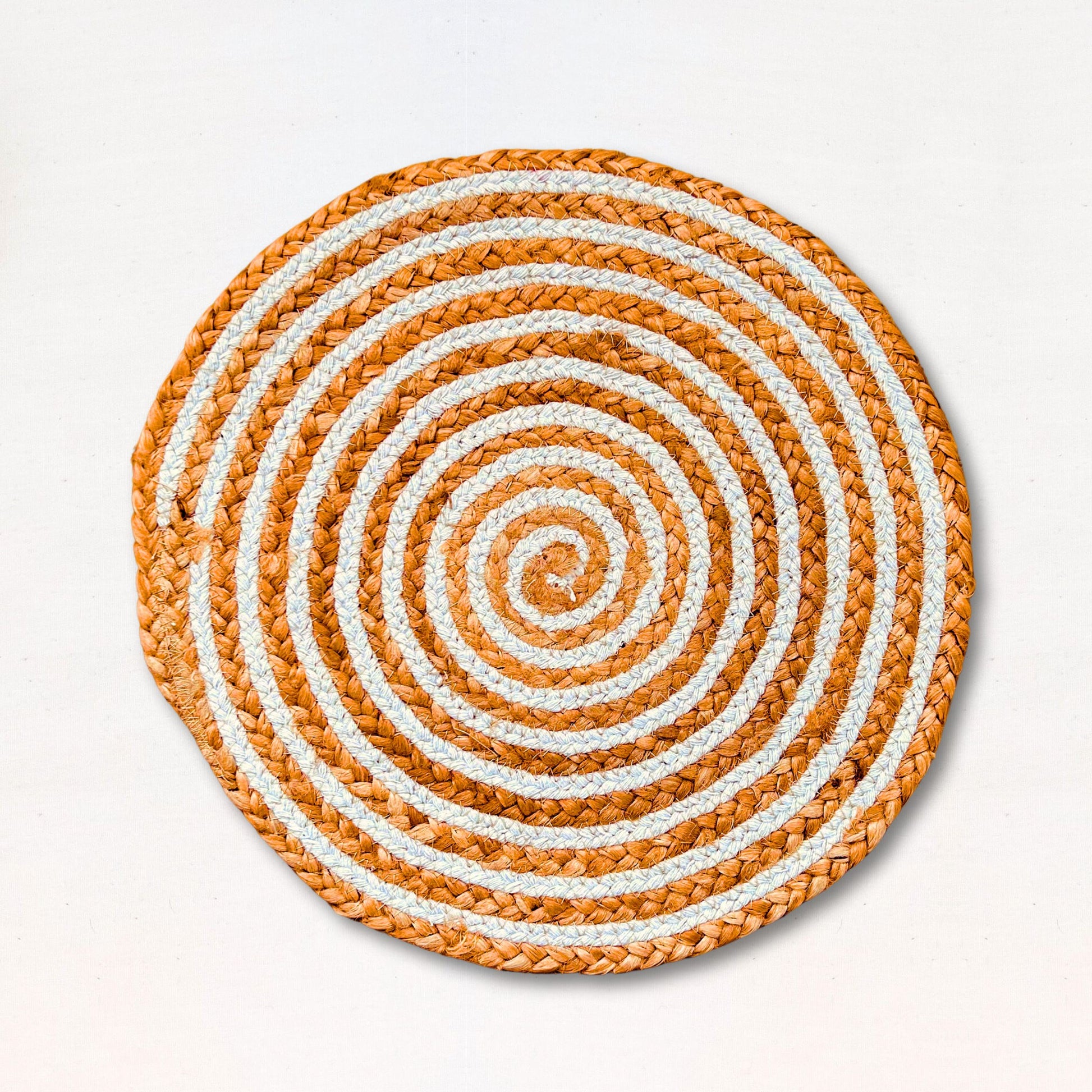 100% Natural Round Jute and Cotton Braided Placemat in brown and white stripes.