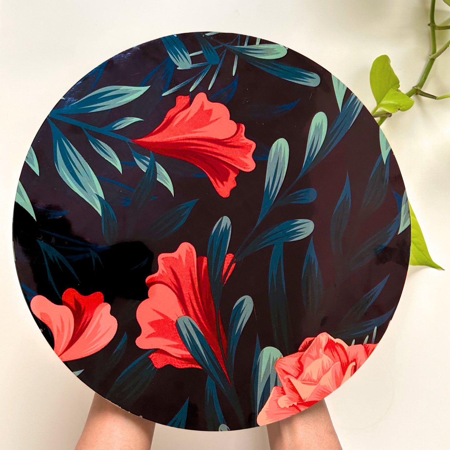 Model holding a Floral printed Decorative Tray.