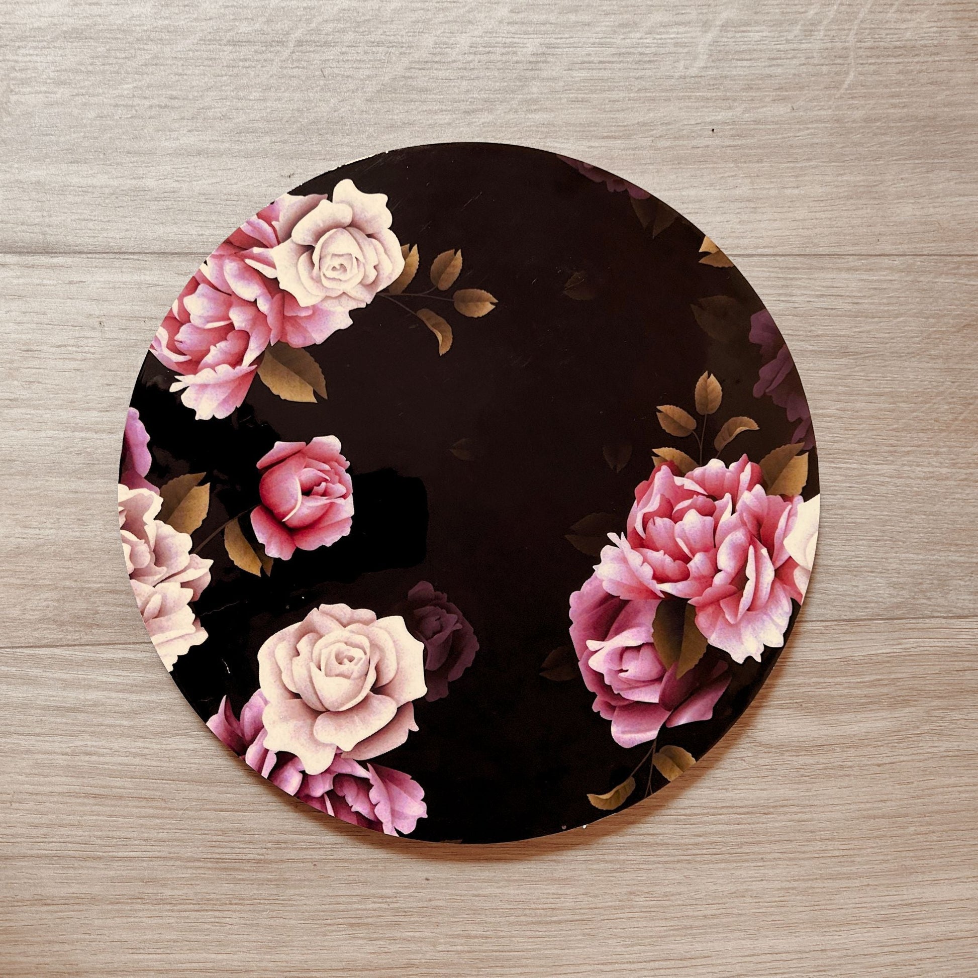 English Roses printed Decorative Tray or Placemat placed on a wooden backdrop.