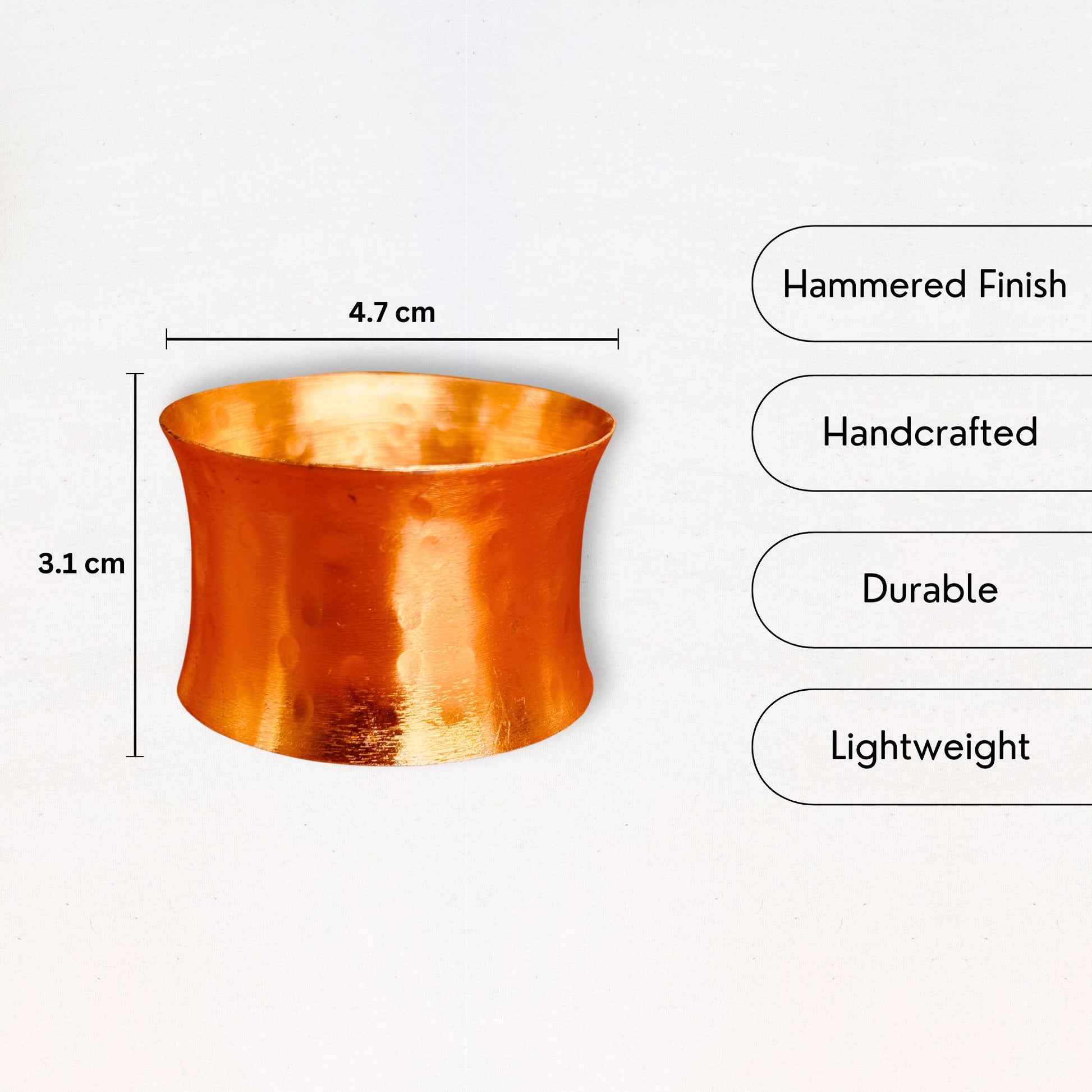 USP and dimensions of a Gold Hammered Finish Napkin Ring.