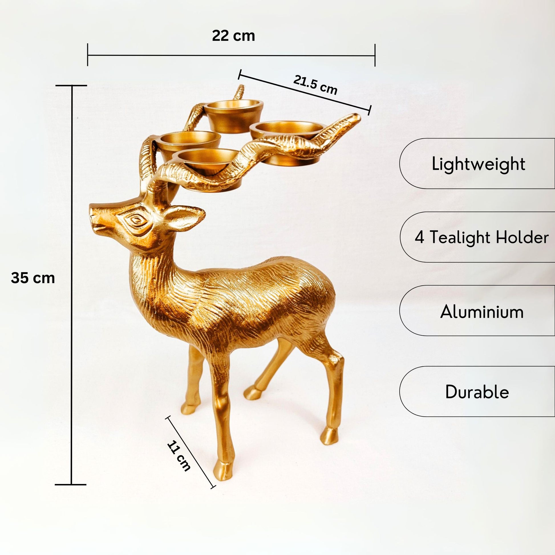 USP and dimensions of Stag Candle Holder in Bronze finish. 4 pillar, tealight candle holder.