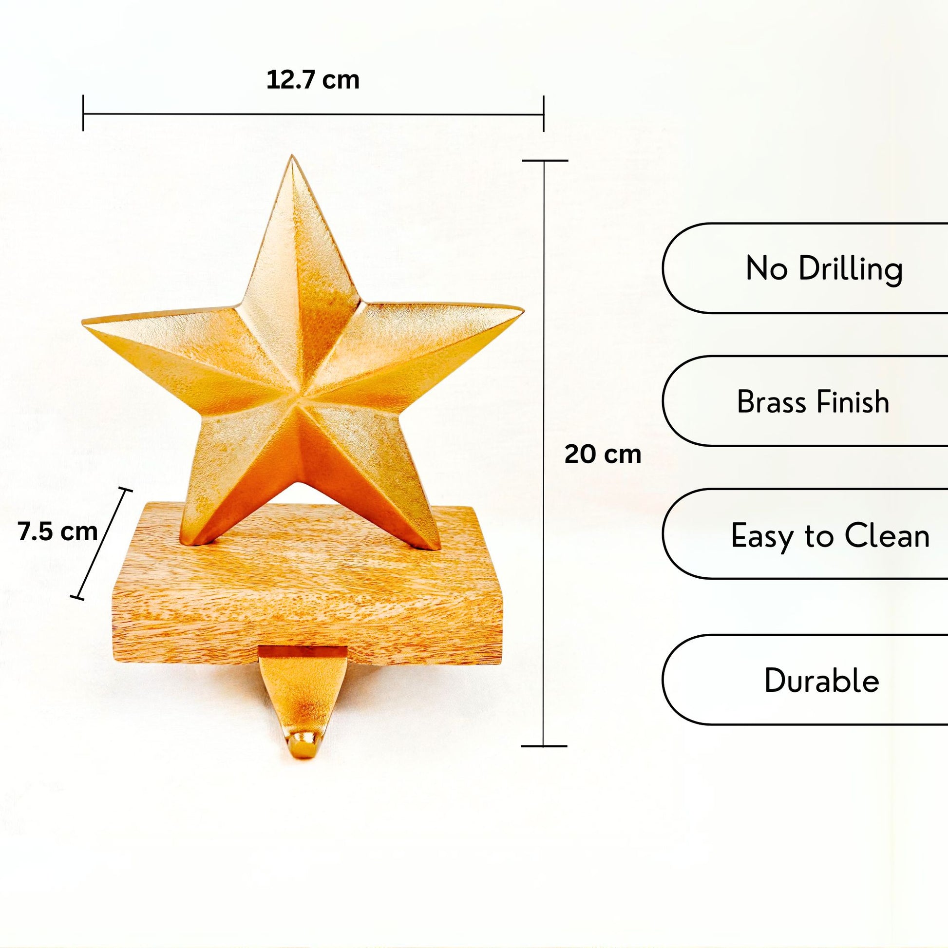 USP and dimensions of a Brass Finish Star shaped Stocking Hanger on a wooden base.