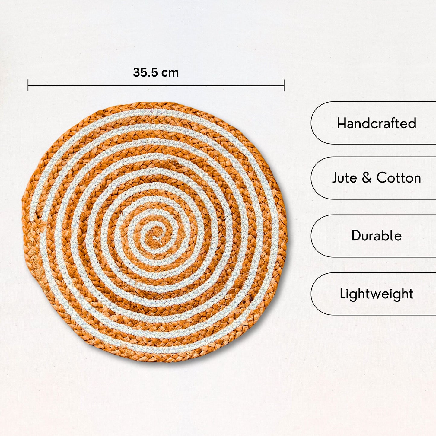 USP and Dimensions of  100% Natural Round Jute and Cotton Braided Placemat in brown and white stripes.