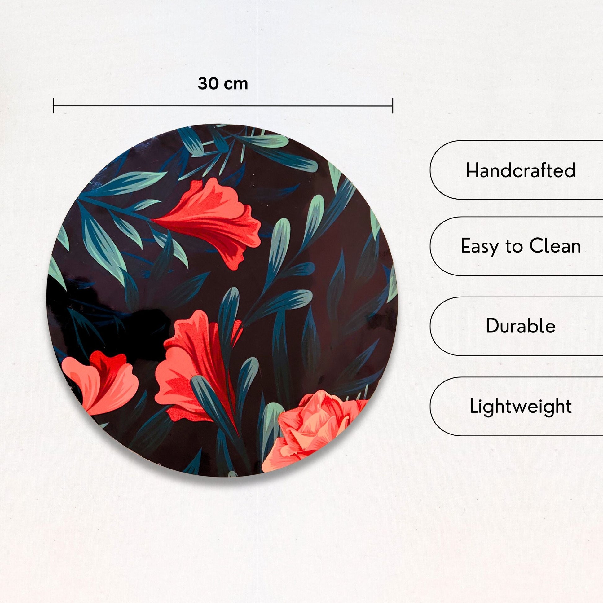 USP and dimensions of a Floral printed Decorative Tray or Placemat.