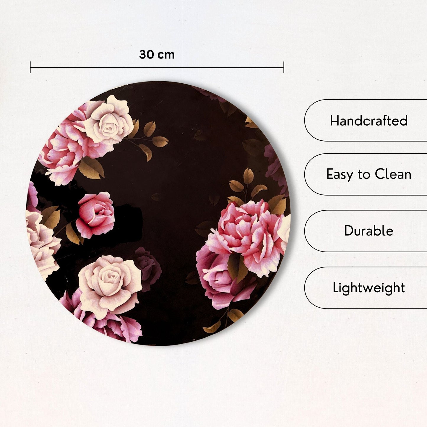 USP and dimensions of an English Roses printed Decorative Tray or Placemat placed on a white backdrop.