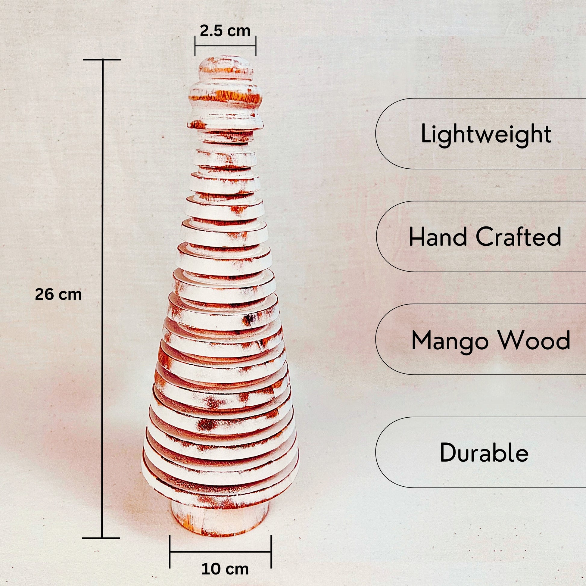 USP and dimensions of a Rustic White Wooden Mango Tree in circular design.