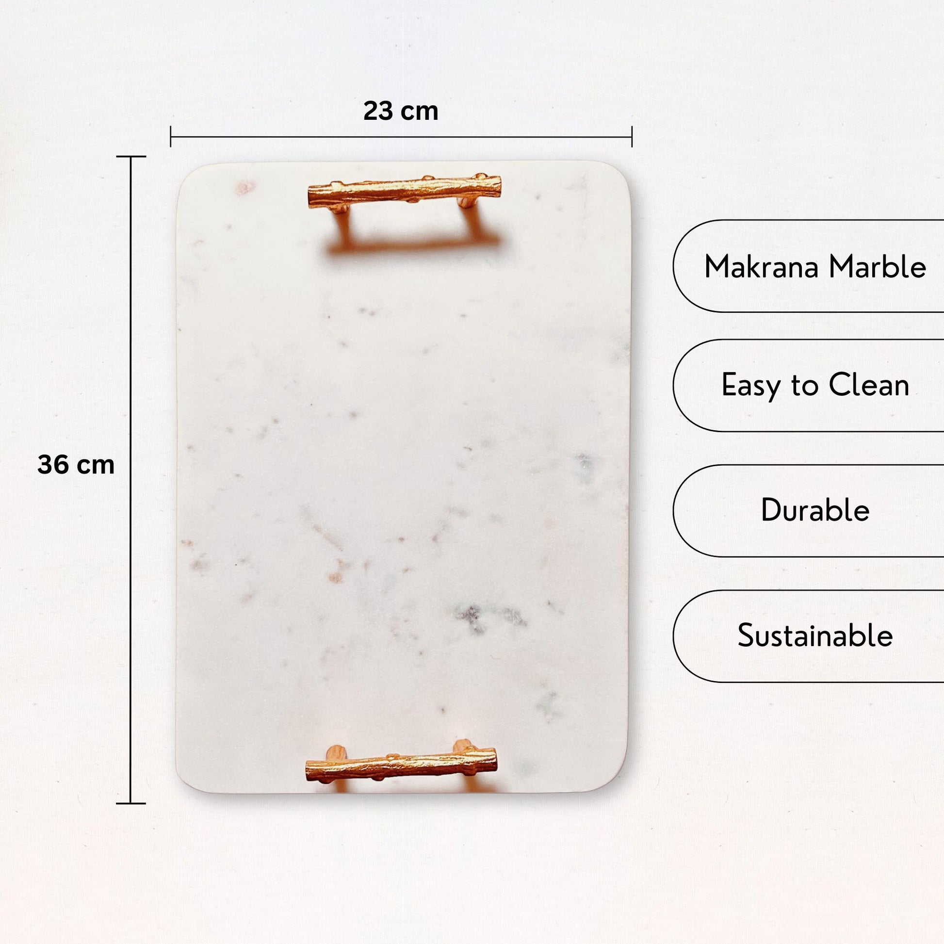 USP and dimensions of a Rectangular White Marble Tray with Metal handles in gold finish.