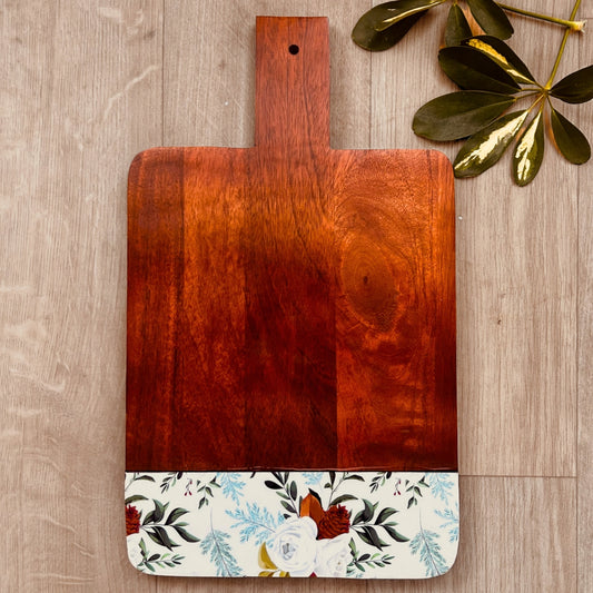 Mango Wood Cheese or Charcuterie Board with print of white roses, pinecones and leaves on the bottom as a border