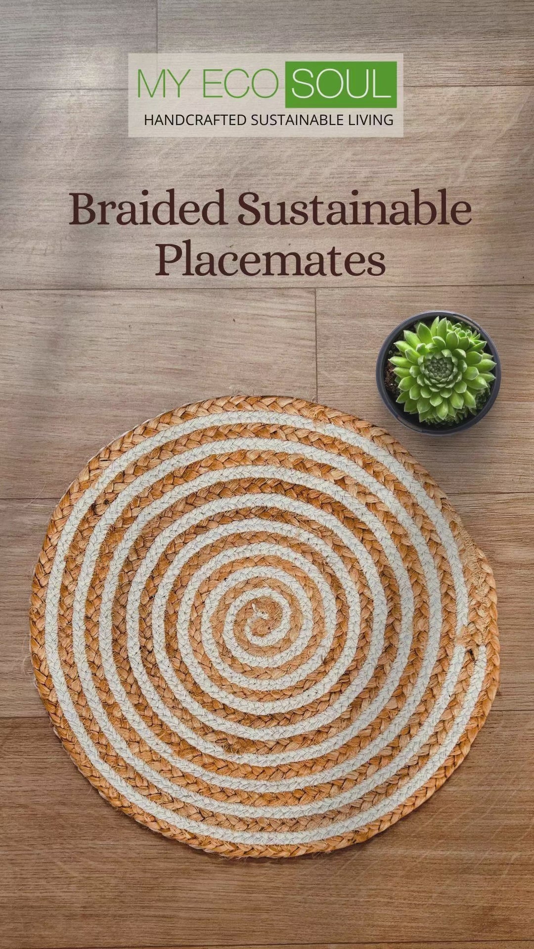 Product showcase of a 100% Natural Round Jute and Cotton Braided Placemat in brown and white stripes.