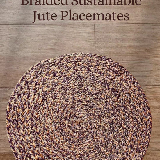 Product overview video of  a 100% Jute placemat placed on a wooden backdrop