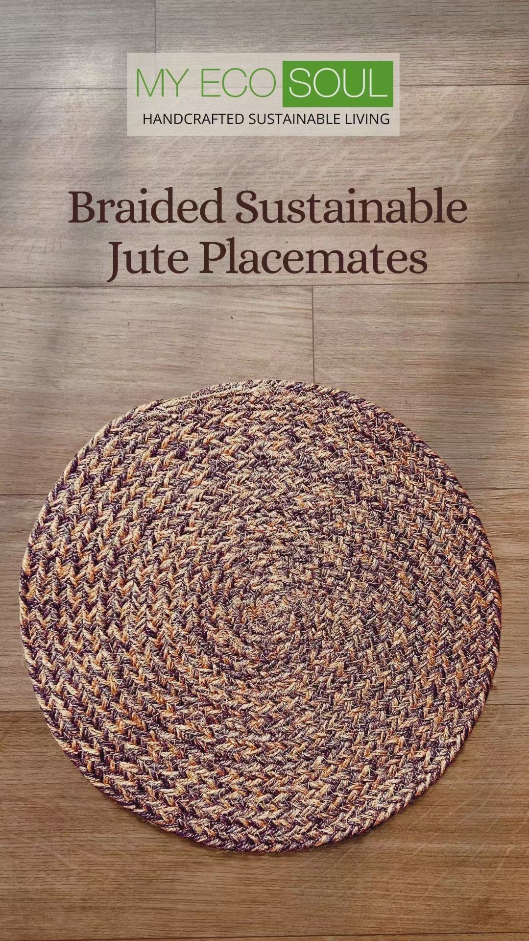 Product overview video of  a 100% Jute placemat placed on a wooden backdrop